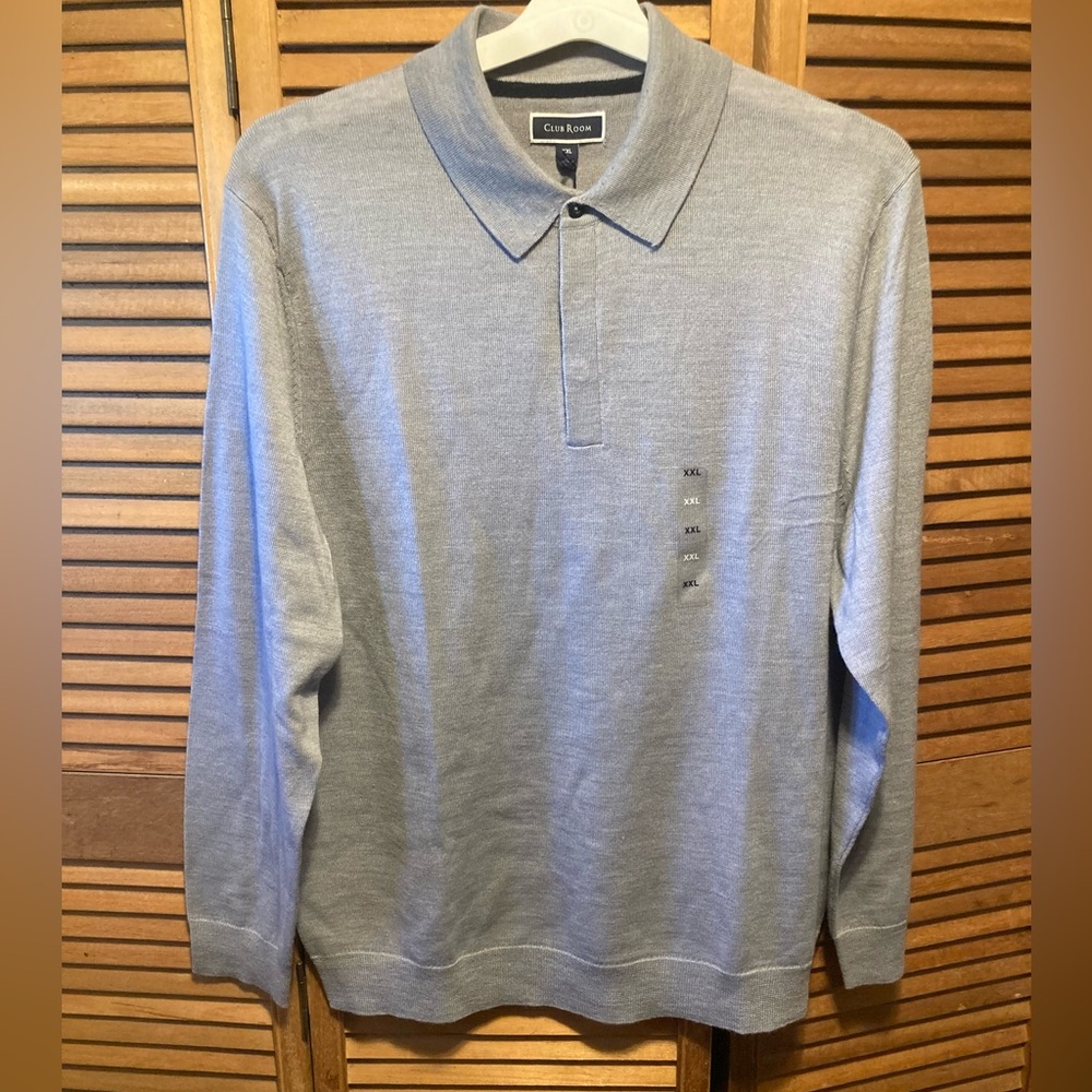 Club Room Merino Wool Blend Light Heather Grey Long Sleeves Polo Shirt